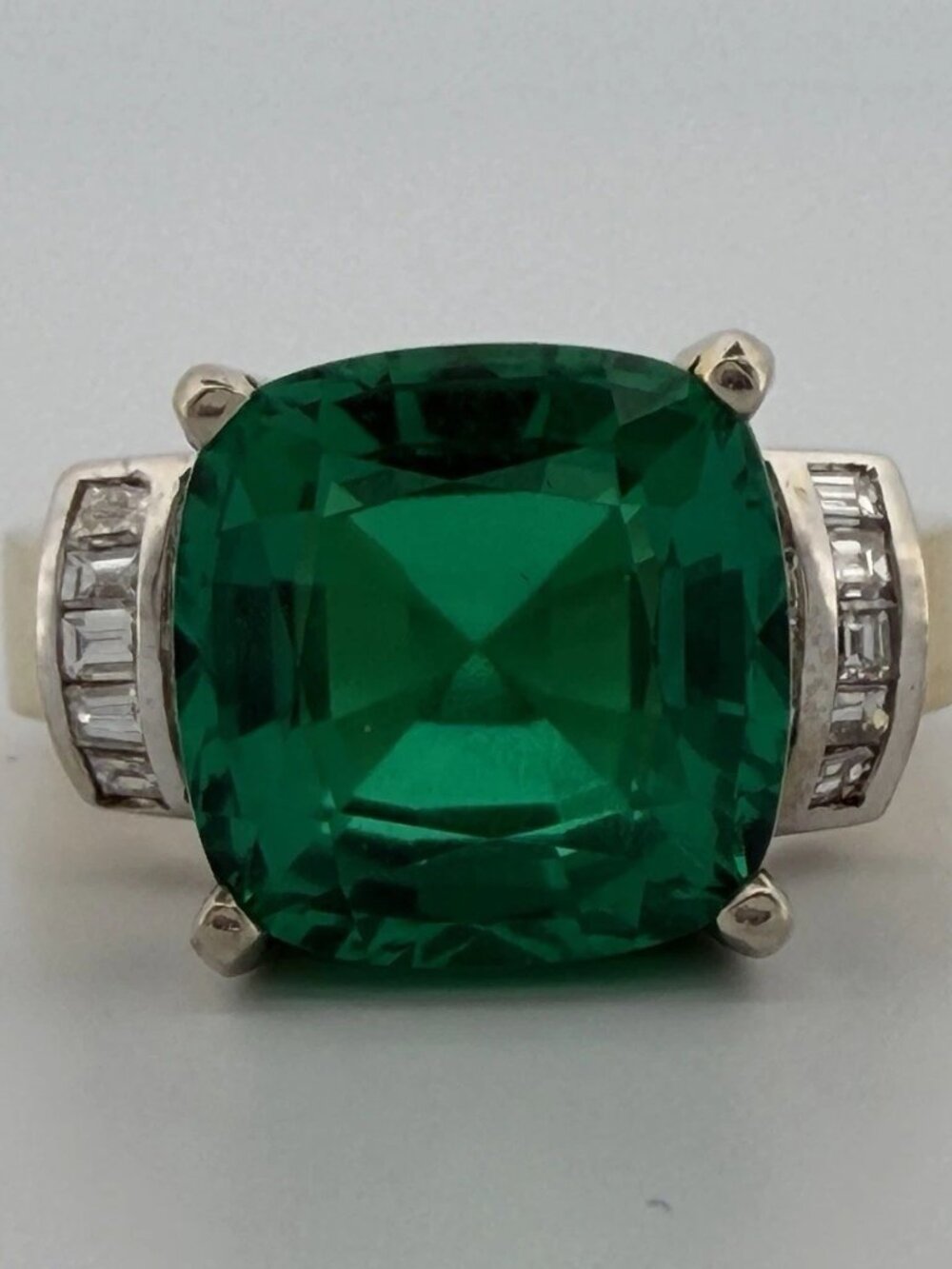Lab Created Emerald & Diamond Ring 14K Two Tone Gold Heavy Mounting 12x12mm Sz 8